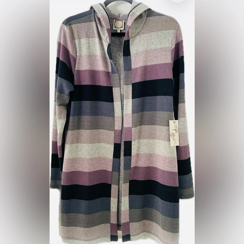 Cozy Striped Hooded Cardigan - Purple, Blue, Gray - Picture 2 of 7